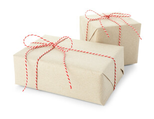 Two gift boxes wrapped in kraft paper isolated on white