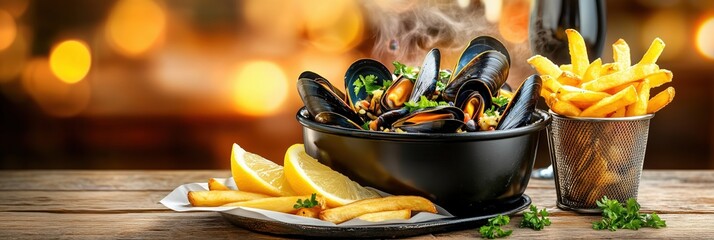 Delicious moules frites with french fries and white wine being served in a restaurant