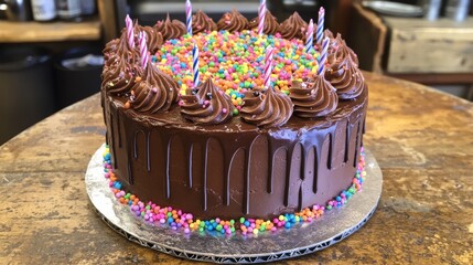 A chocolate cake with colorful rainbow sprinkles for your birthday!
