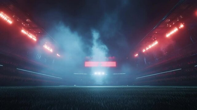 Night soccer stadium with fog swirling across the field, Glowing lights pulsing