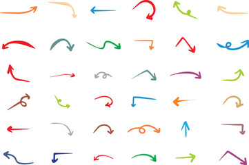 Hand drawn doodle wavy and curve and turn Arrows isolated on white background. Scribble design element Arrows, perfect for creative and playful design projects. Fabric design.