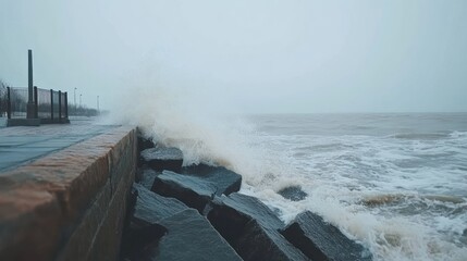 Dramatic ocean waves crashing on rocky seawall