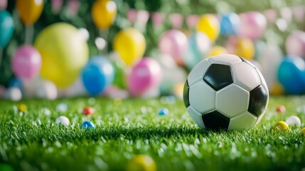 A soccer-themed birthday with a soccer ball on green grass.
