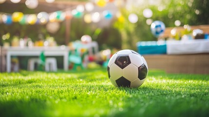 A soccer-themed birthday with a soccer ball on green grass.
