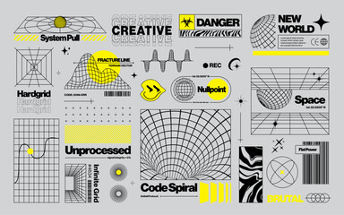 Brutalist graphic assets set in acid style, retro futuristic background with wireframe elements of different forms, bold modern shapes for design template, poster, stickers, banner in Y2k style © darkovujic