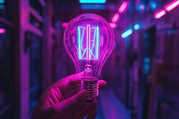 neon wireframe light bulb held in hand, symbolizing creativity and innovation, futuristic tech background