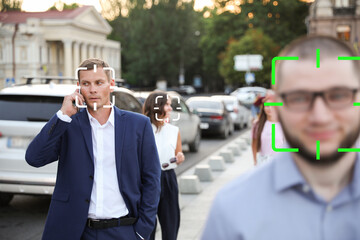 Facial recognition system identifying people on city street, selective focus