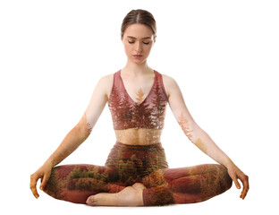 Young woman meditating during yoga practice on white background, double exposure with nature...