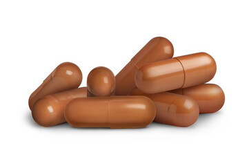 Antibiotic pills. Brown capsules on white background