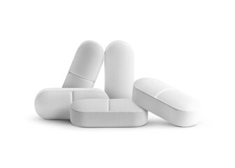 Antibiotic pills. Oval tablets on white background