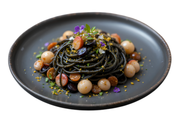 "Italian squid ink tagliolini with lemon zest, seafood, and edible flowers plated on matte ceramic.
