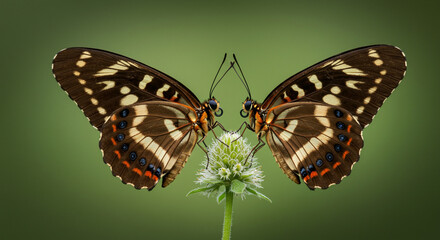 Fototapeta premium Two Butterflies Resting on a Flower with Green Background in Nature