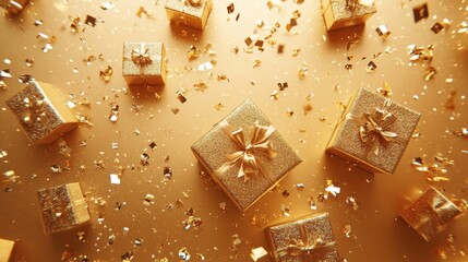 Gold gift boxes and confetti are scattered on a bright background, seen from above.
