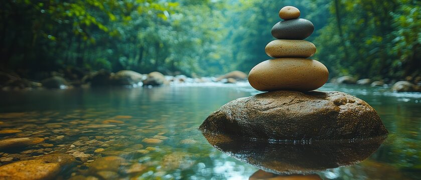 Stacked stones carefully balance atop large rock in river, embodying zen and tranquility.