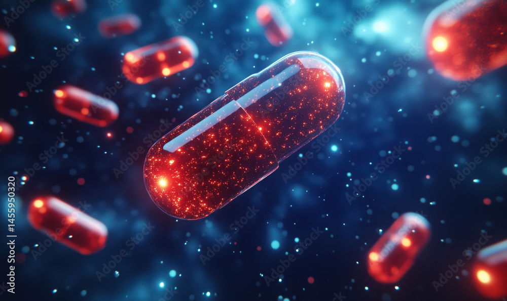 Poster glowing red capsules floating in abstract space with sparkling background.