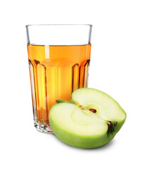 Tasty apple juice in glass and fresh cut fruit on white background