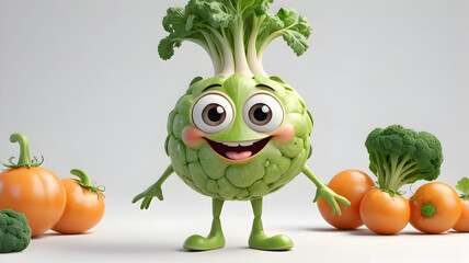 Whimsical High-Quality Anthropomorphic Vegetable Character with Big Eyes, Cheerful Smile, Chubby Body, Cute Accessories, and Soft Textures on a Clean White Background