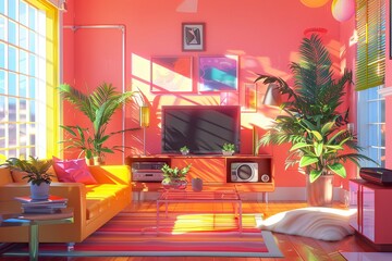 retro 90s style living room with modern gadgets, vibrant colors, nostalgic atmosphere, photorealistic --ar 3:2 --raw --v 6 Job ID: 311ca01d-42ac-43ad-9ceb-47e514f62f07