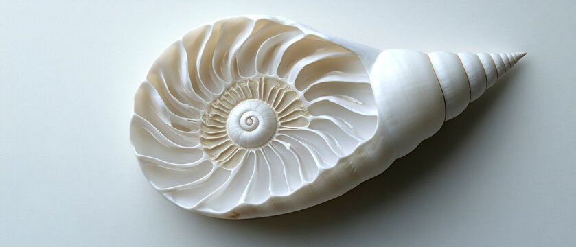 Nautilus shell reveals its mesmerizing spiral chambers and elegant structure against neutral setting.