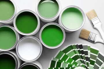 Cans with paint in different shades, brushes and color palette on white background, top view © New Africa