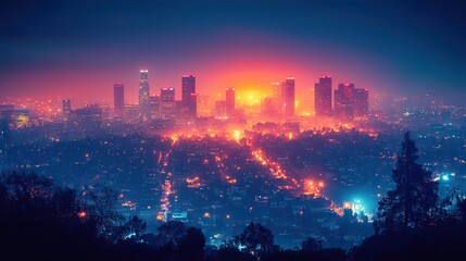Fototapeta premium Sprawling cityscape at night, a tapestry of twinkling lights stretching towards a distant, hazy horizon.