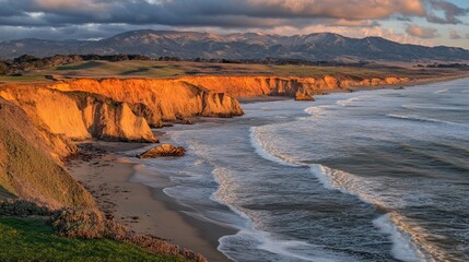 Golden Hour Coastal Cliffs and Ocean Waves
