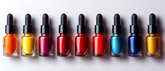 Obraz premium Multiple bottles containing nail polish, arranged in a row, display diverse colors intended for beauty enhancement.