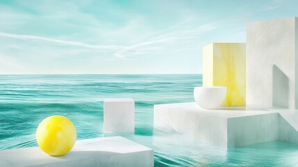 Obraz premium Abstract serene beach scene with geometric forms and citrus fruit creating a minimalist summer aesthetic visualization