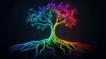 rainbow glowing tree with colorful roots on dark background - Powered by Adobe