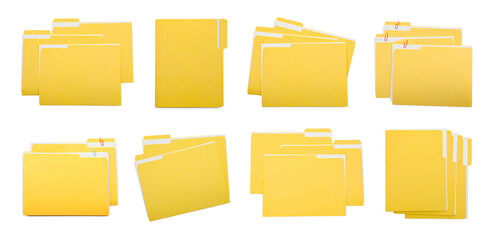 File folders with sheets of paper isolated on white, collage. Top view