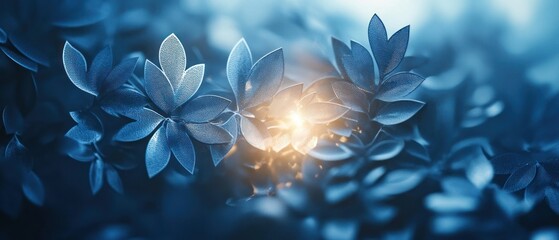 Blue leaves cluster together, catching soft, illuminating light creating tranquil ambiance.