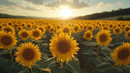Sunflower fields stretch towards the sun, their bright yellow faces tracking its movement across the sky.