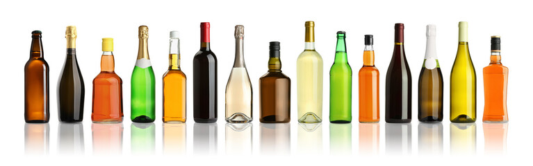 Bottles with different types of alcoholic drinks isolated on white, set