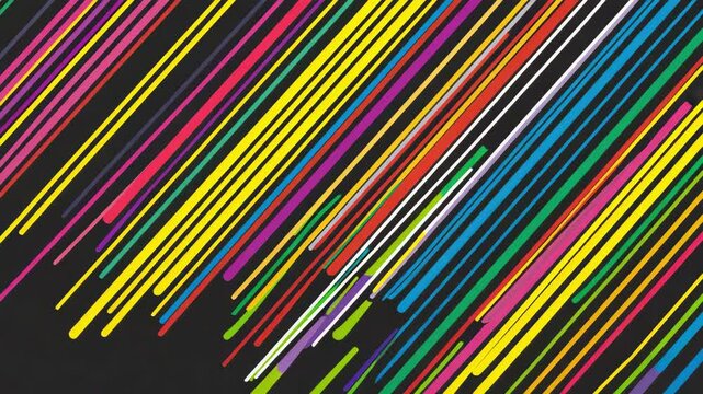 Colorful diagonal lines on black background form abstract pattern with vibrant line design