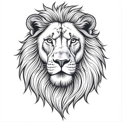 Obraz premium Detailed Lion Head Illustration: Black and White Line Art Depicting a Majestic Feline with Intricate Mane Design on a Clean White Background. 