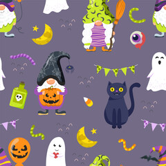 Halloween cartoon seamless pattern with cute magic gnome, ghost, and black cat on mystical violet background.