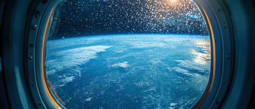 Earth appears through spacecraft window surrounded by dark space and distant stars, evoking wonder at cosmic scale.