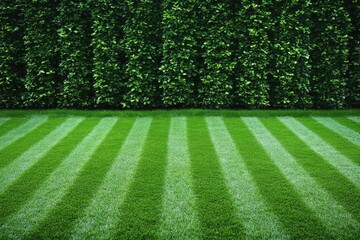 Lush green lawn with neatly trimmed stripes, backed by a dense hedge