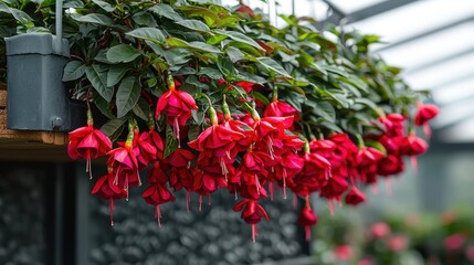Cascading Bright Red and Fuchsia Flowers in a Lush Greenhouse Setting