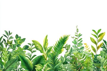 Lush tropical foliage border. Vibrant green leaves of various tropical plants arranged in a horizontal line against a white background.