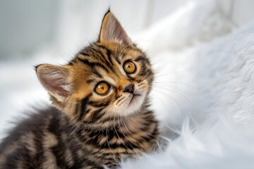 Playful Kitten Close-Up with Amber Eyes and Striped Fur in Soft Minimalist Setting