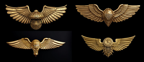 Ornate golden wings with decorative emblems.