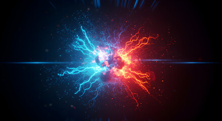 Obraz premium Abstract Cosmic Collision Fiery Red and Icy Blue Energy Clash in a Whimsical Digital Art Piece