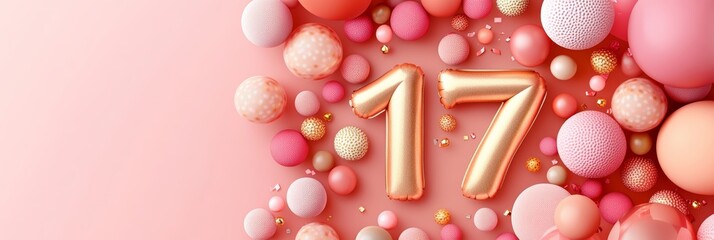 Golden Number 17 Balloon With Colorful Festive Balloons and Confetti For Seventeenth Birthday