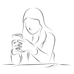Woman with long hair using smartphone illustration vector hand drawn with black lines isolated on white background.