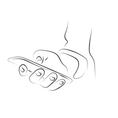 closeup hand holding smartphone illustration vector hand drawn with black lines isolated on white background.
