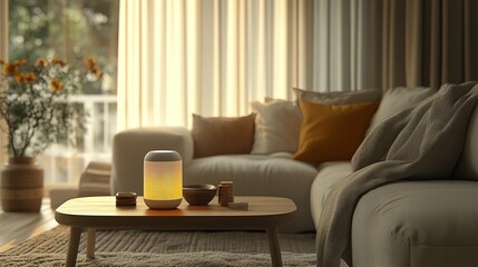 Warm Yellow Ambient Light Modern Speaker Cozy Living Room Home Decor Soft Lighting Relaxing Atmosphere Tranquil Interior Design Stylish Home Accent   