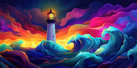 Vibrant lighthouse amidst colorful waves and dramatic sky at night.