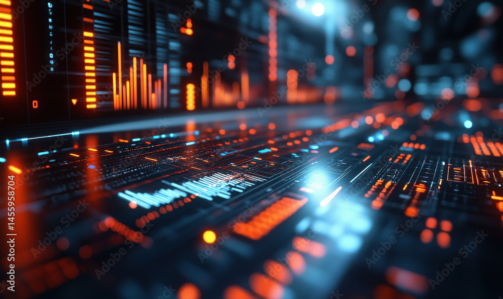Poster futuristic digital landscape with glowing data visualizations and circuit patterns.