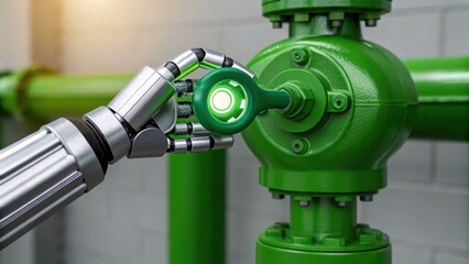 A robotic hand operates a green industrial valve in a modern facility, showcasing technology and automation in engineering.